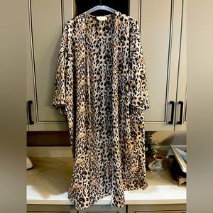 Kimono style,chiffon like fabric, sheer peach, white, and black leopard print